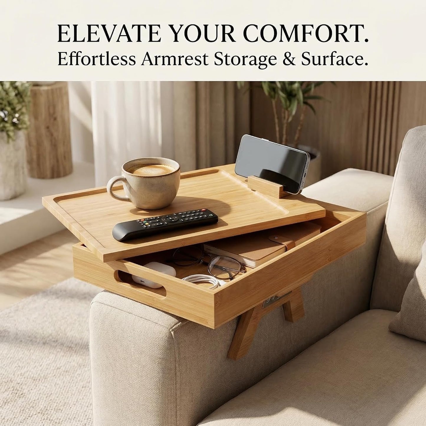 Premium Bamboo Sofa Arm Tray with 360° Swivel Lid & Phone Holder | 3-in-1 Couch Armrest Table with Hidden Storage for Drinks, Snacks, Remote (lid)