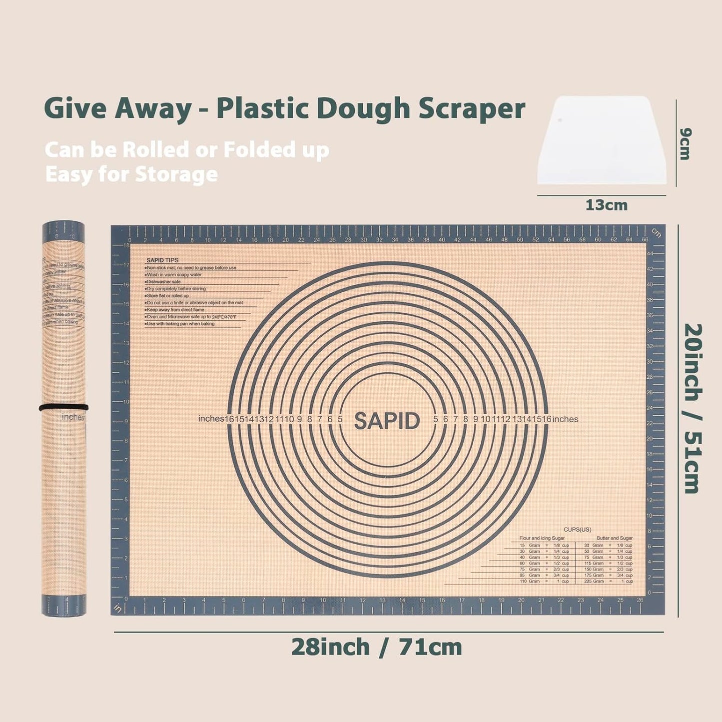 Sapid Extra Thick Silicone Pastry Mat Non-slip with Measurements for Non-stick Silicone Baking Mat Extra Large, Dough Rolling, Pie Crust, Kneading Mats, Countertop, Placement Mats (24" x 36", Gray)