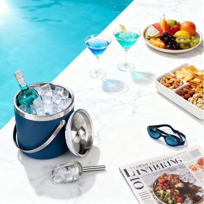 3L Double-Wall Insulated Stainless Steel Ice Bucket with scoop for Cocktail Bar - Metal Ice Bucket for freezer with Lid for parties,Camping,and More!champagne bucket,bar cart accessories