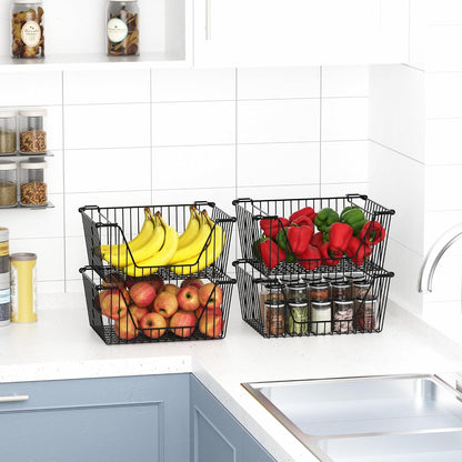 Stackable Wire Metal Baskets Sturdy Cabinet Organizer Wire Pantry Freezer Bin with Handle for Kitchen Fruit Vegetable Organization, Black, 3Packs