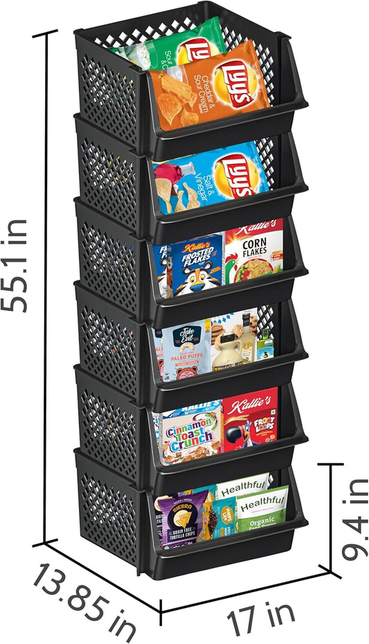 Large Stackable Storage Bins Open Front for Pantry Storage, 6 Pack - Black | Sturdy Plastic, Easy Stacking, Open Front Access, Ventilated Sides, Vertical & Space Saving Pantry Organizers and Storage Bin