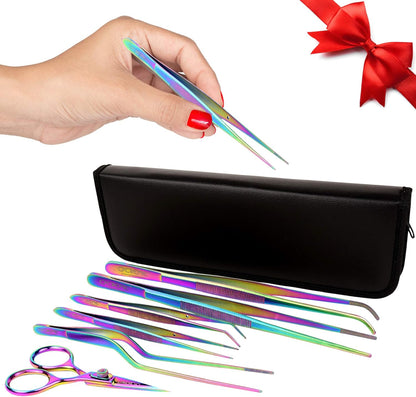 O'Creme Set of Culinary Tweezer Tongs Offset, Straight and Curved, Plus Super Sharp Chef Scissors, Total 6 Pieces (Rose Gold)
