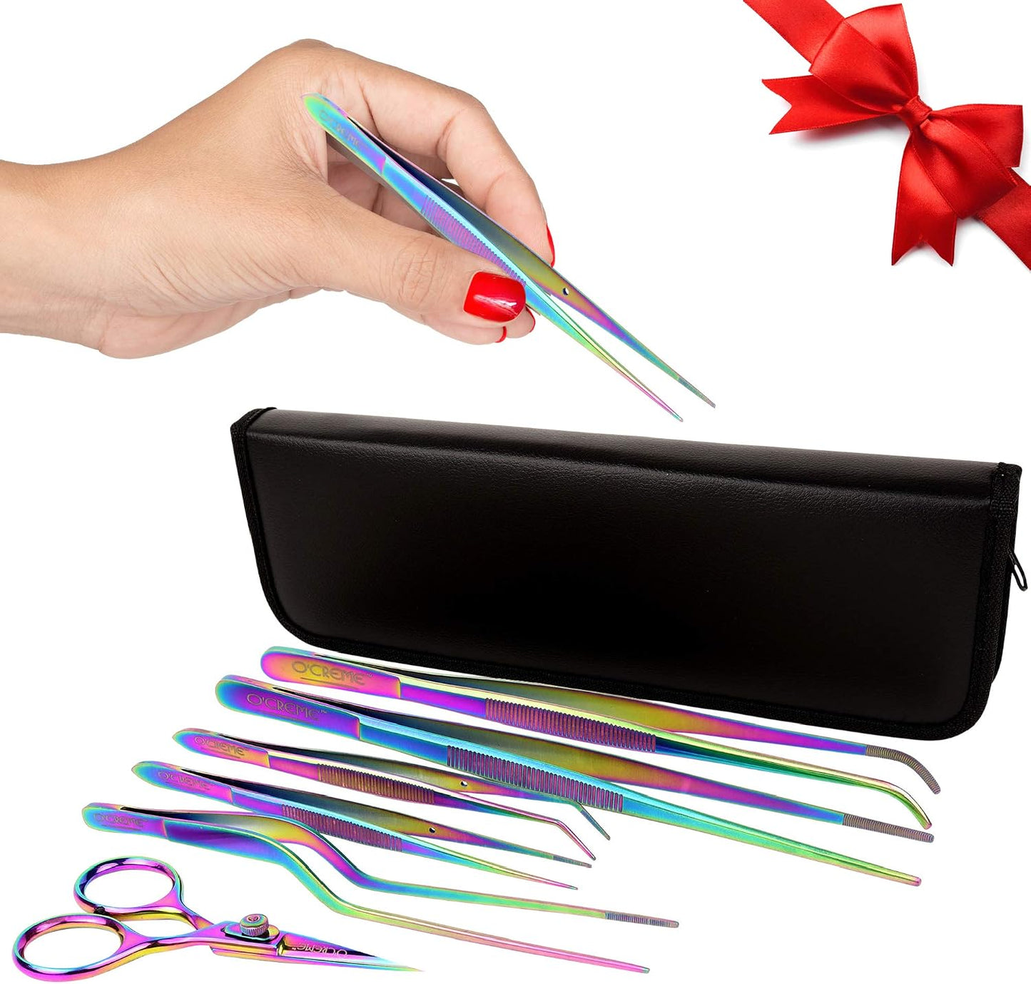 O'Creme Set of Culinary Tweezer Tongs Offset, Straight and Curved, Plus Super Sharp Chef Scissors, Total 6 Pieces (Rose Gold)