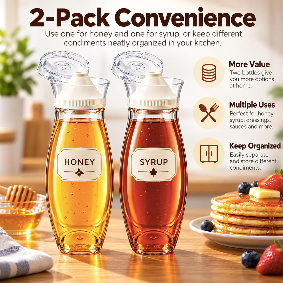 Syrup Dispenser, 2 Pack 8.5 oz No-Drip Honey Bottles