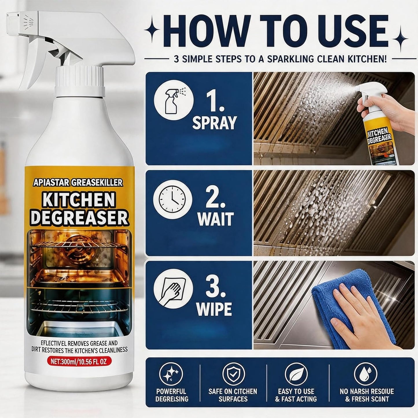 Apiastar Greasekiller Spray, 300ml Apiastar Grease Killer for Grill, Greasekiller Spray Grill Cleaner, Heavy Duty Degreaser, Multi-Use for Grills, Oven, Air Fryer, Home & Commercial Kitchen (2PCS)