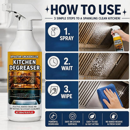 Apiastar Greasekiller Spray, 300ml Apiastar Grease Killer for Grill, Greasekiller Spray Grill Cleaner, Heavy Duty Degreaser, Multi-Use for Grills, Oven, Air Fryer, Home & Commercial Kitchen (2PCS)
