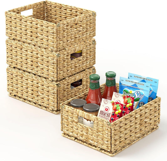 Pantry Wicker Storage Baskets for Shelves, 4 Pack Small Woven Baskets for Storage, Handmade Pantry Organizers and Storage, Boho Decor Water Hyacinth Pantry Organization - Natural
