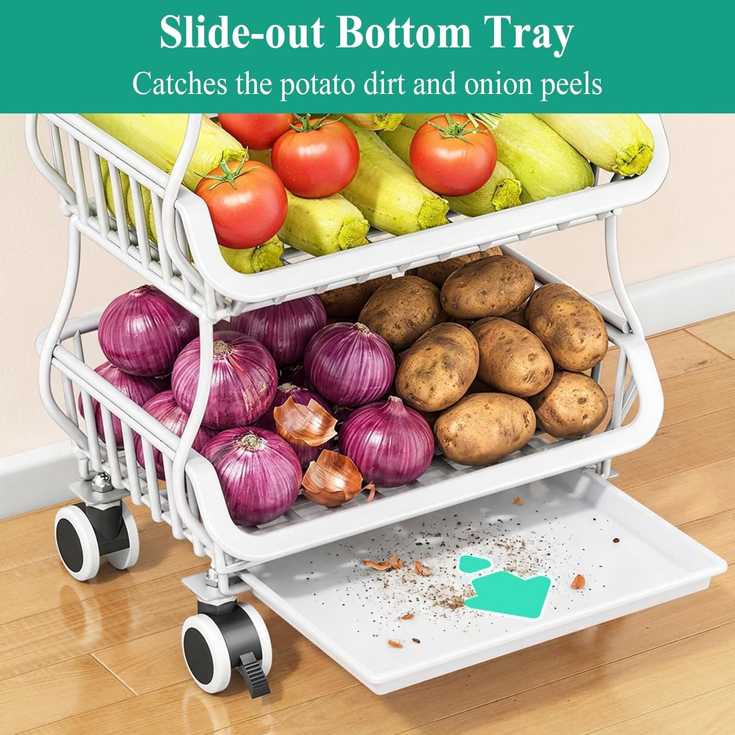 SAYZH Fruit Basket Kitchen Pantry Organizers and Storage - Wooden Top Table, Stackable Metal Wire Basket Stand Cart for Fruit Vegetable Snacks Onion Potato Organization (White, 5 Tiers)
