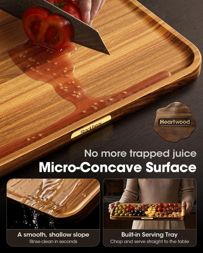 Starkbear Acacia Wood Cutting Board Set of 3 with Stand, Core-Cut Non Slip Wooden Chopping Block, Sloped Juice Groove Reversible Charcuterie Serving Tray for Modern Kitchen Gift