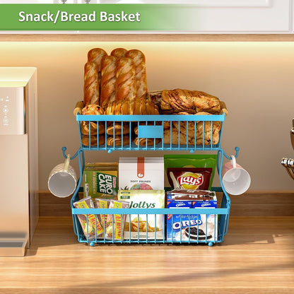 2 Tier Fruit Basket for Kitchen Counter with 2 Banana Hangers, Countertop Metal Bread Basket with Wooden Handle, Large Storage Stand for Vegetables, Snacks, Eggs, Produce Storage – Black