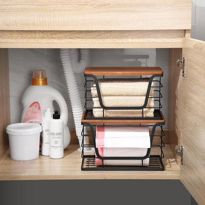 ALOCEO 2 Pack Stackable Wire Storage Basket with Bamboo Lid, Trash Bag Dispenser Under Sink for 4-13 Gal Bags, Kitchen Storage Bins for Potato and Onion, Brown