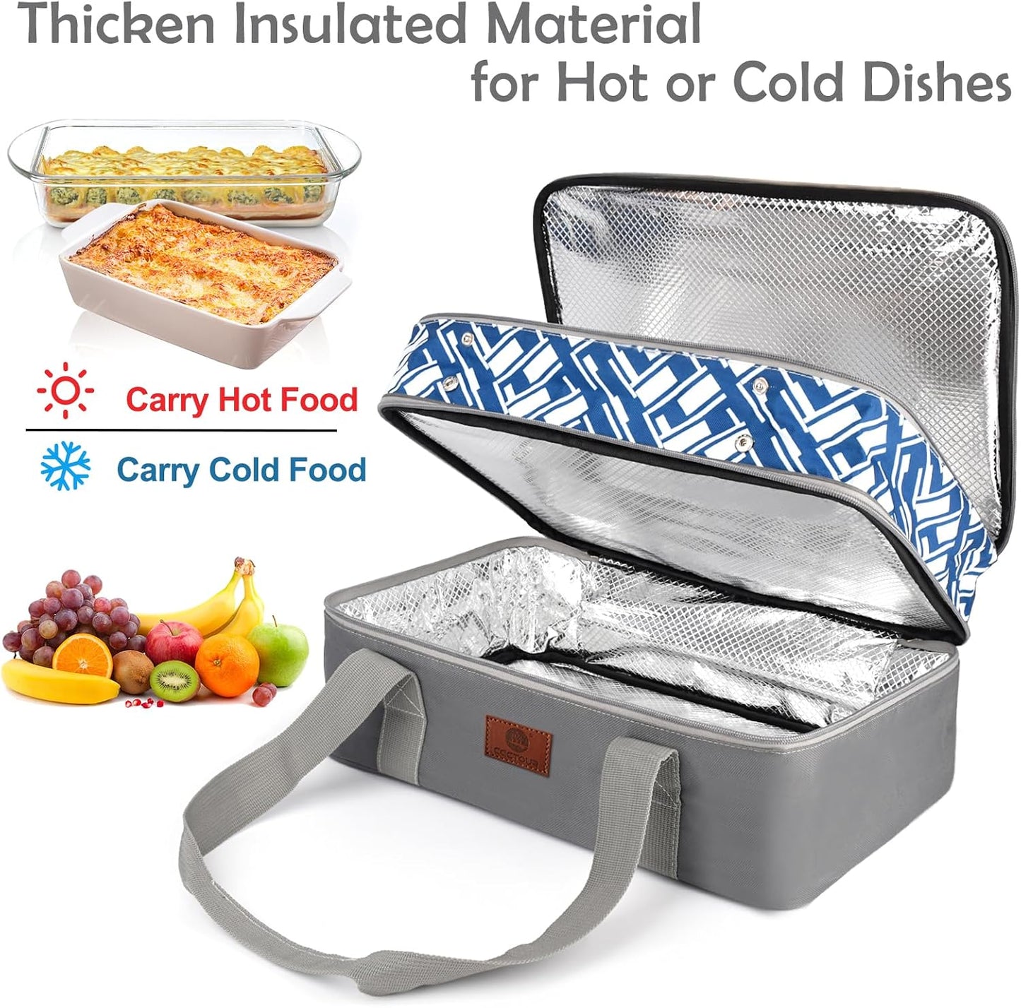 CaCTOUR Casserole Carrier for Hot or Cold Food, Expandable Double Decker Food Carrier with Silicone Hand Protectors - Fits 9“x13” Baking Dish-Lasagna Holder Tote for Parties Potluck Picnic (Gray)