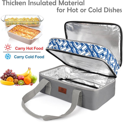 CaCTOUR Casserole Carrier for Hot or Cold Food, Expandable Double Decker Food Carrier with Silicone Hand Protectors - Fits 9“x13” Baking Dish-Lasagna Holder Tote for Parties Potluck Picnic (Gray)