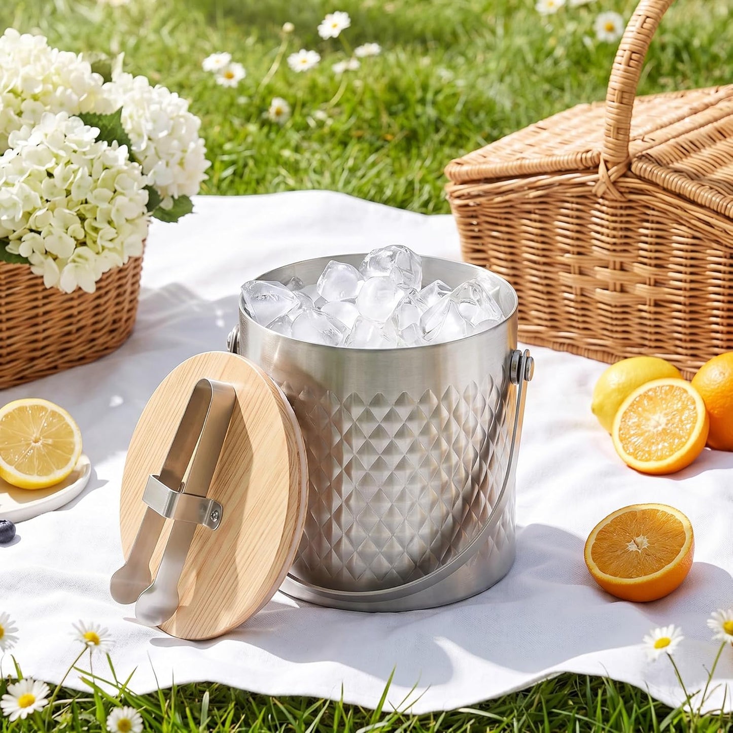 Ice Bucket for Parties with Lid,3L Large Insulated Metal Drink Bucket for Cocktail Bar with Tongs,Cooler Beverage Tub