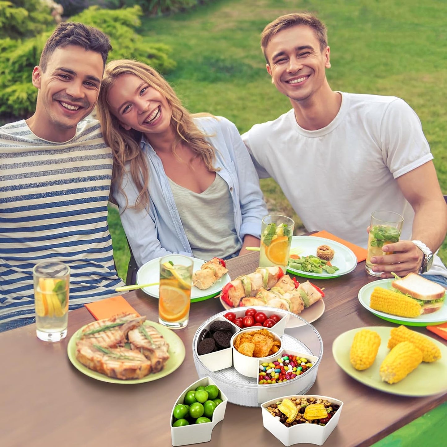 Snackle Box Container, 360° Rotating Divided Serving Tray with Lid and Handle, Portable Snackle Box Veggie Tray, Round Snack Box Container, Large Snacklebox Fruit Candy Organizer for Party Picnic