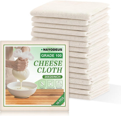 Reusable Cheese Cloths, Organic Cotton Cheese Cloths 20x20 inches, Suitable For Filtering, With Edges, Cheese-Making, Juicing, Baking and Turkey Cooking.