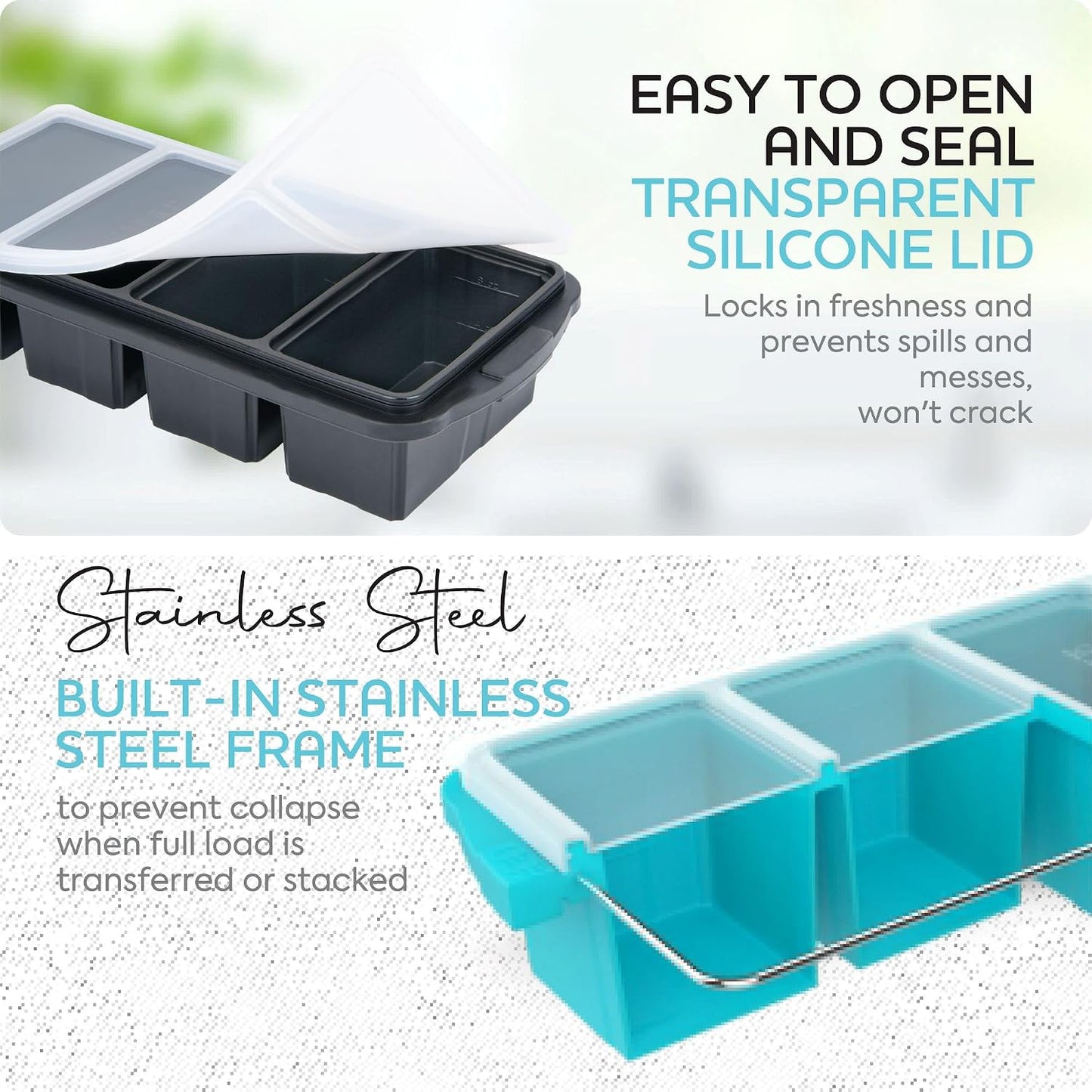 XOMOO Silicone Freezer Tray With Lid-Soup Freezer Container molds-2-cup Extra Large Ice Cube Tray-makes 4 perfect 500ml portions cubes, For freezing soup,stews,sauces.Oven&Dishwasher-Safe(2-Pack)