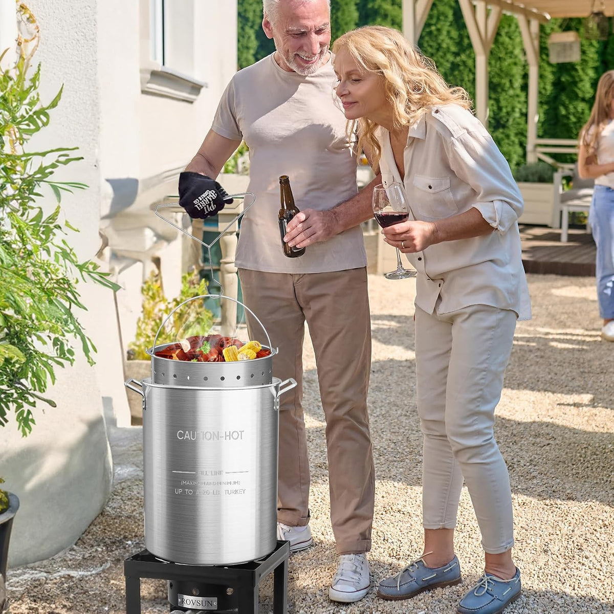 Bonnlo 30QT Aluminum Stock Pot for Boiling Seafood, Crawfish & Crab, Frying Turkey & Steaming Tamales, Large Boil Pot with Strainer Basket, Lid, Lifting Hook & Steamer Rack for Outdoor Cooking