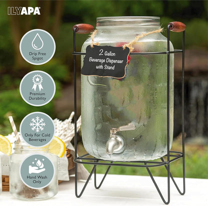 Ilyapa 2 Gallon Glass Beverage Dispenser, Metal Base, Stainless Steel Spigot & Hanging Chalkboard - for Lemonade, Tea, Cold Water & More