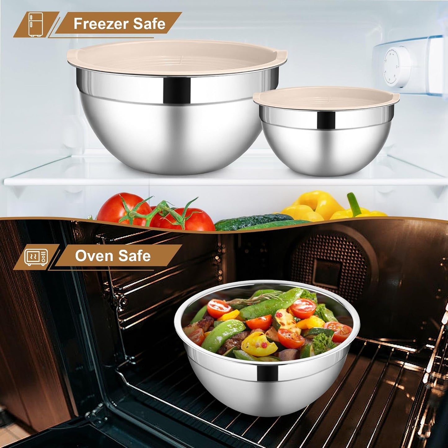 LIANYU Stainless Steel Mixing Bowls Sets of 6, Large 7, 3.5, 2.5, 2, 1.5, 1QT Size with Transparent Airtight Lids, Metal Nesting Serving Bowl Sets for Home Kitchen, Dishwasher & Freezer Safe, Black