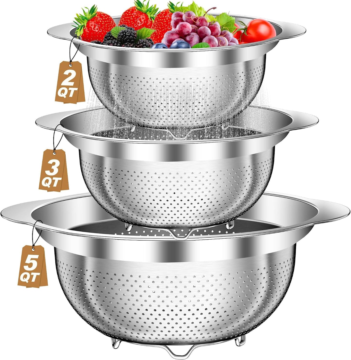 Colander, Stainless Steel Colander with Mixing Bowls (3.5QT), 3Pcs Strainer for Kitchen Gadget Food Strainer Basket with Handle, Colanders Bowl for Pasta Noodles Spaghetti Vegetables Fruit (3.5+3+2QT)