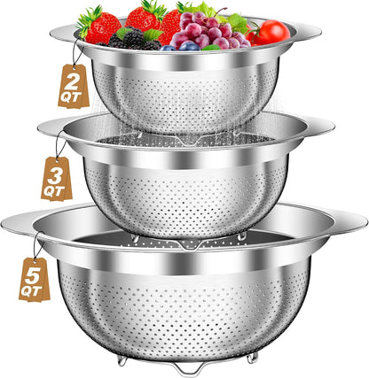 Colander, Stainless Steel Colander with Mixing Bowls (3.5QT), 3Pcs Strainer for Kitchen Gadget Food Strainer Basket with Handle, Colanders Bowl for Pasta Noodles Spaghetti Vegetables Fruit (3.5+3+2QT)