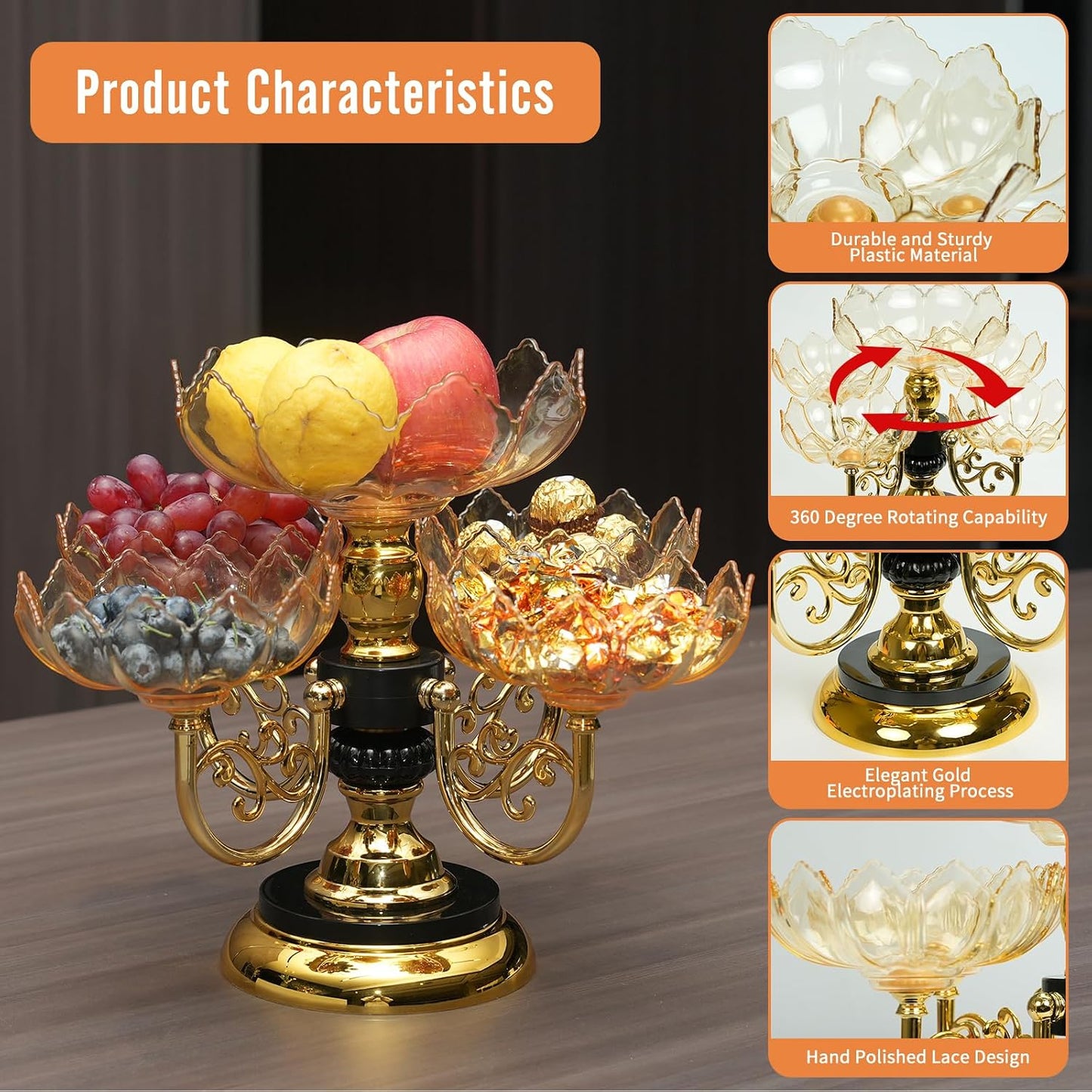 Multi-layer Fruit Tray Rotatable Candy Tray Plastic Fruit Rack Snack Display Bowl for Table Decoration Table Organizer (Yellow)