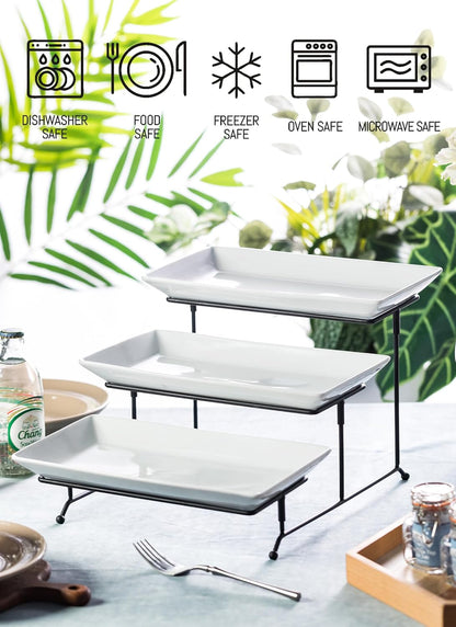 LYEOBOH 3 Tier Serving Bowls Set Tiered Serving Stand, Porcelain Oval Bowls with Collapsible Metal Stand for Entertaining, Party, Dessert Display, Candy, Chip and Dip (Gold)-45oz / 17.5oz / 7oz