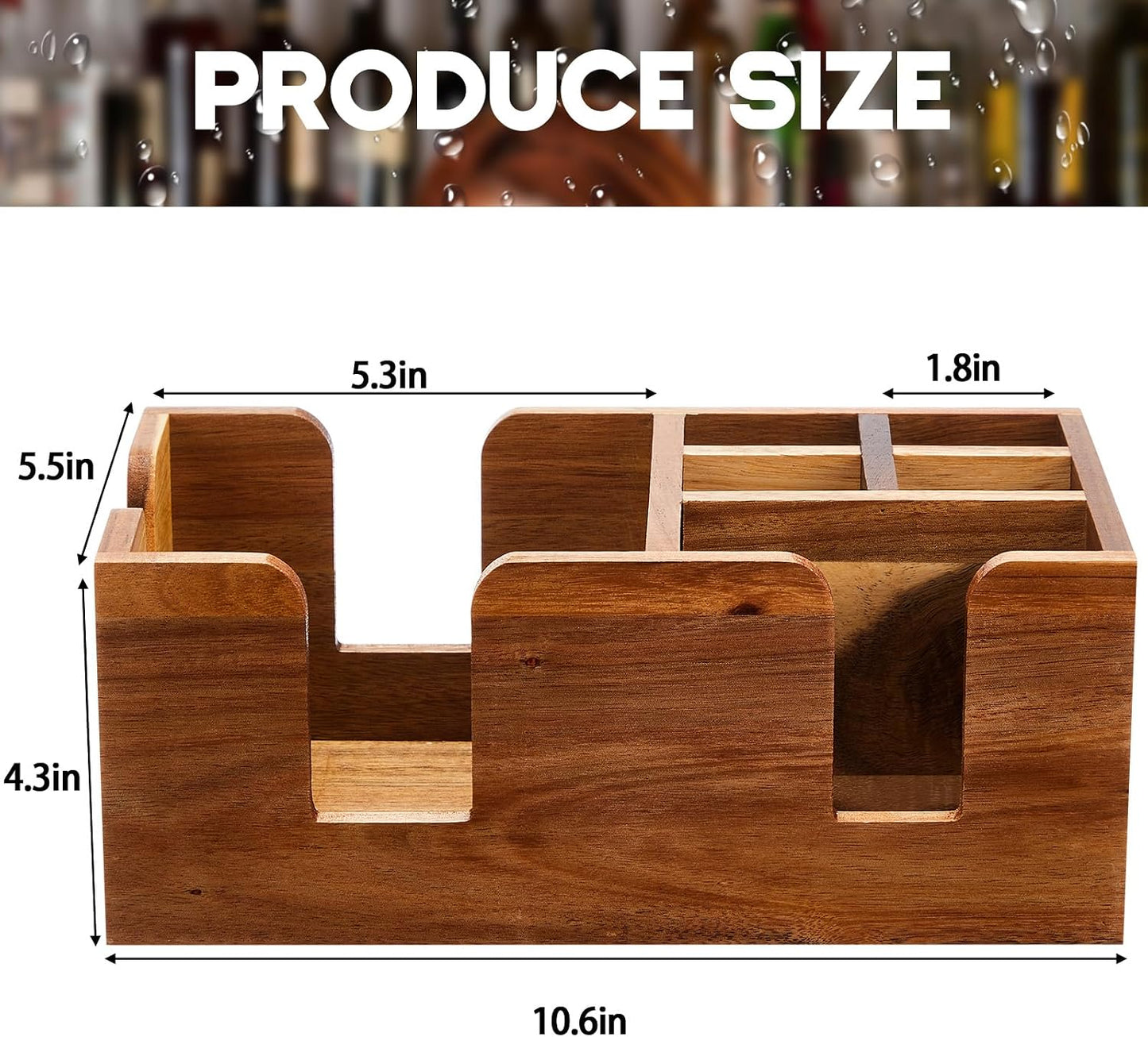 Mifoci Wooden Bar Caddy with 6 Compartments, Acacia Wood Bar Caddy Napkin & Straw Holder Organizer Cocktail Napkin Holder Condiments for Home Office Kitchen Countertop (Brown, 10.6 L x 5.5 W)