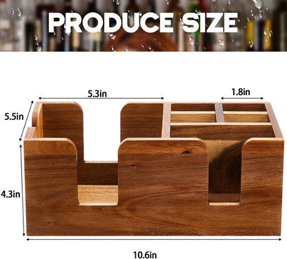 Mifoci Wooden Bar Caddy with 6 Compartments, Acacia Wood Bar Caddy Napkin & Straw Holder Organizer Cocktail Napkin Holder Condiments for Home Office Kitchen Countertop (Brown, 10.6 L x 5.5 W)