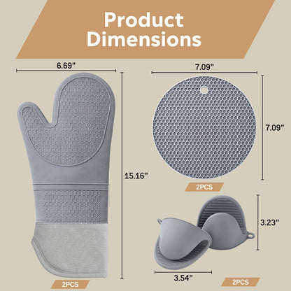 Silicone Oven Mitts and Pot Holders Sets 6 Piece for Kitchen