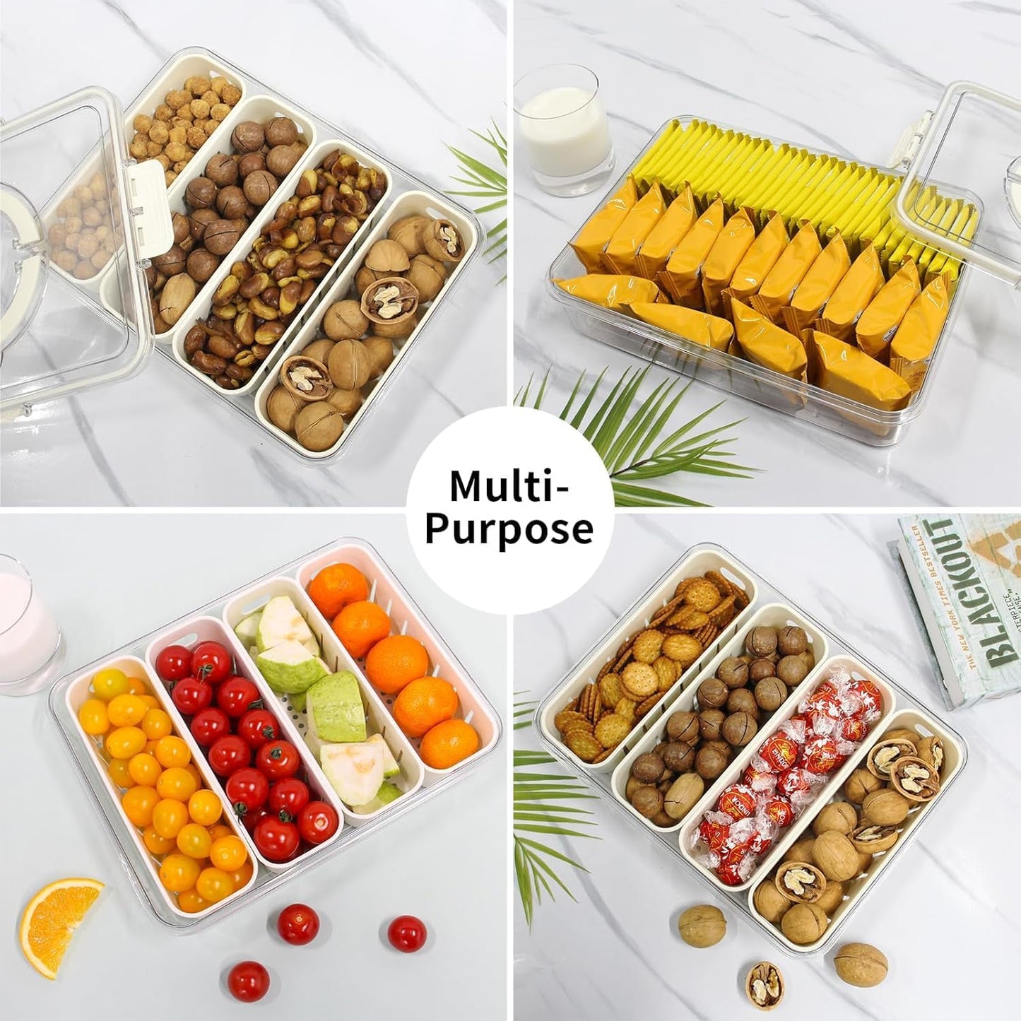 Divided Serving Tray with Lid, Snackle Box Container with Compartments, Snack Container with Handle, Veggie Tray, Fridge Fruit Storage - Keeping Fresh, Great for Party Entertaining Picnic