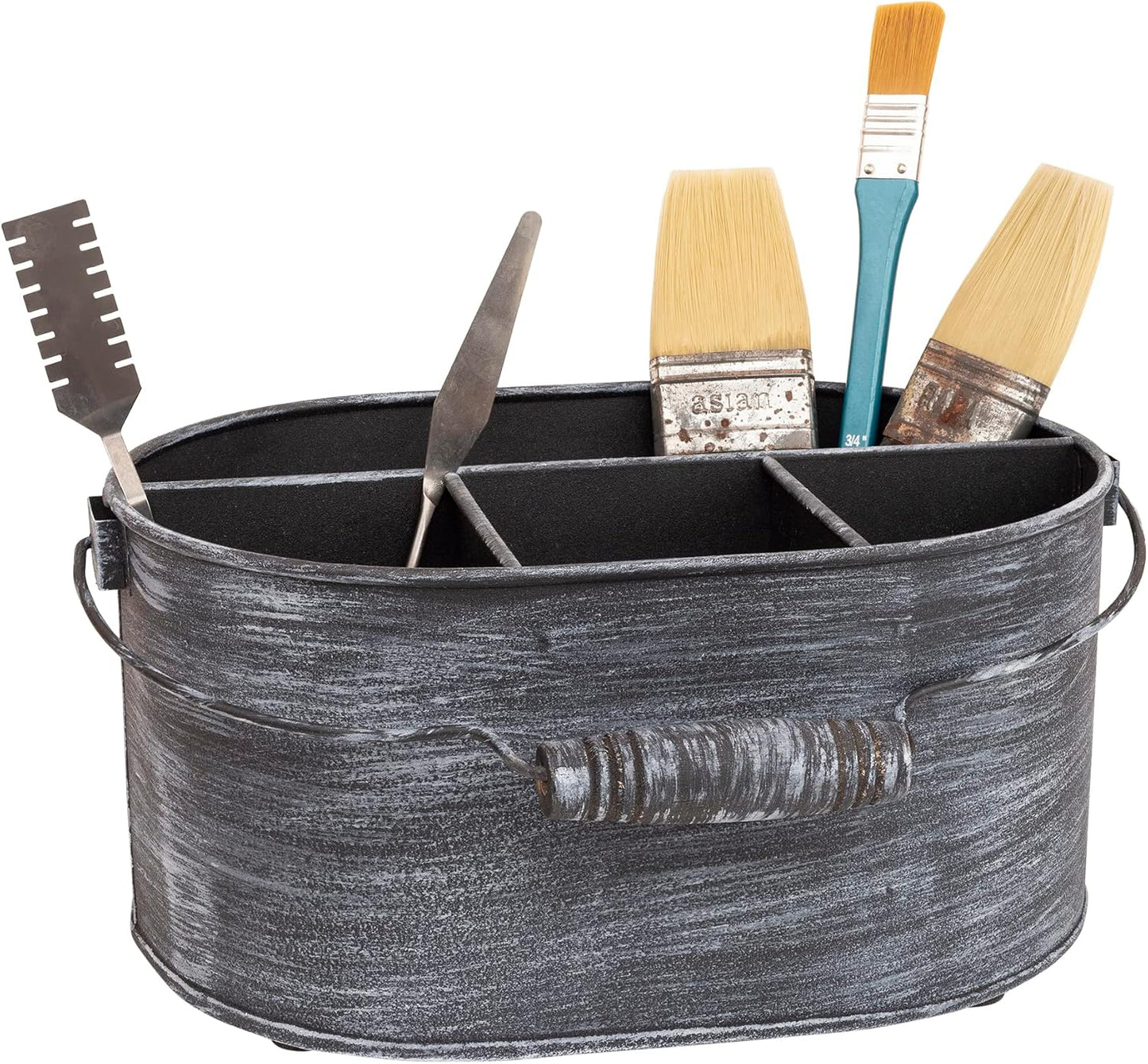 GoCraft Galvanized Flatware Caddy – Rustic Metal Utensil Holder with Handle – 4-Compartment Kitchen Organizer for Cutlery, Napkins, BBQ Tools – Farmhouse Table Decor & Storage