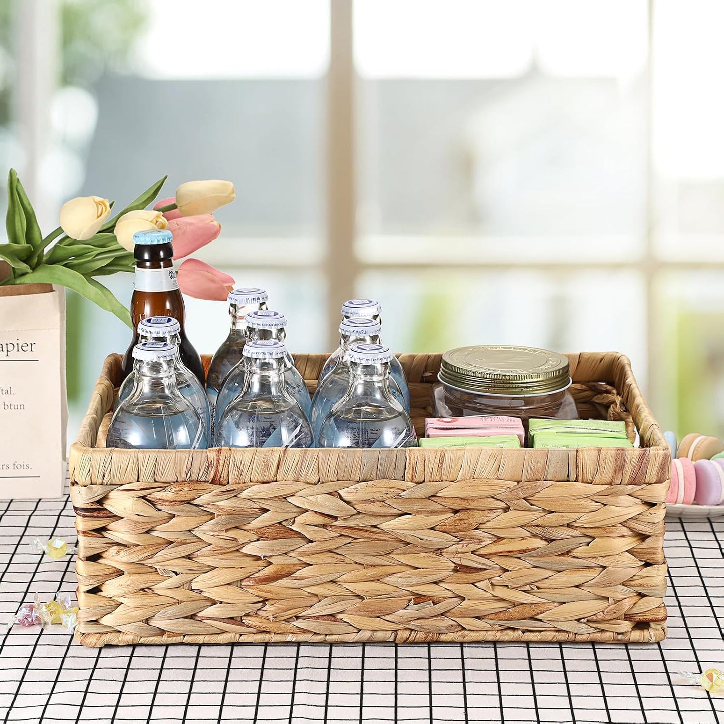 Hipiwe Wicker Basket Water Hyacinth Baskets Rectangular Decorative Baskets Bin for Shelf Organizing, Handwoven Storage Basket Bins with Built-in Handles,15.9"x12"x5.9"