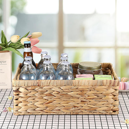 Hipiwe Wicker Basket Water Hyacinth Baskets Rectangular Decorative Baskets Bin for Shelf Organizing, Handwoven Storage Basket Bins with Built-in Handles,15.9"x12"x5.9"