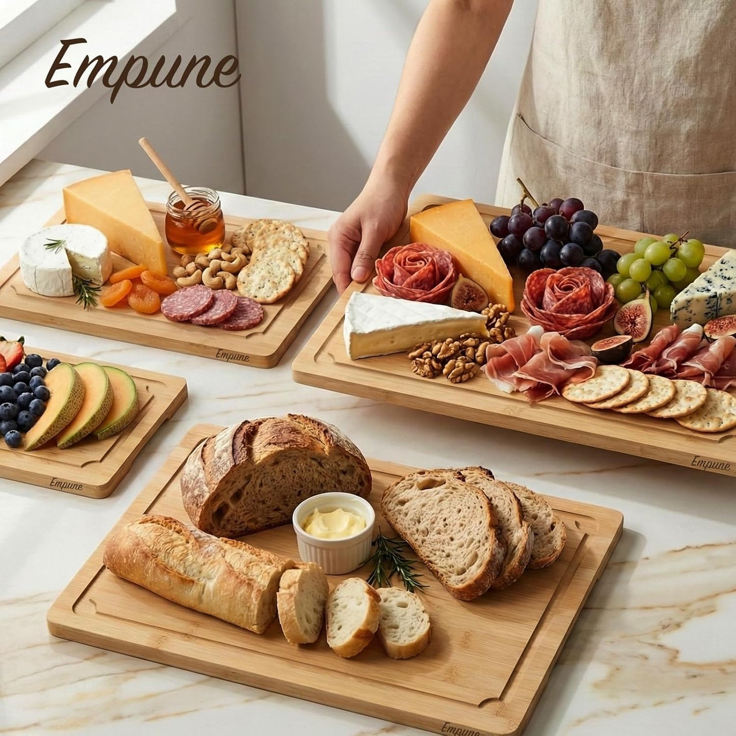 Extra Large Cutting Board, 17.6" Bamboo Cutting Boards for Kitchen with Juice Groove and Handles Kitchen Chopping Board for Meat Cheese board Heavy Duty Serving Tray, XL, Empune