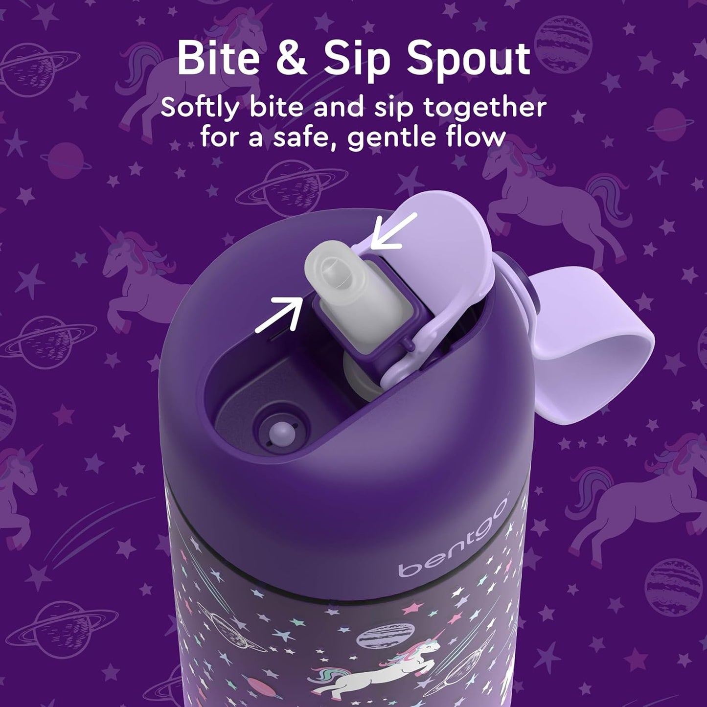 Bentgo Kids Water Bottle - Leak-Proof, Durable Tritan PFAS- & BPA-Free 15 fl oz, Kids/Toddlers Ages 3+ for School & Sports; Bite & Sip Spout, Carrying Handle, Dishwasher Safe (Unicorn)