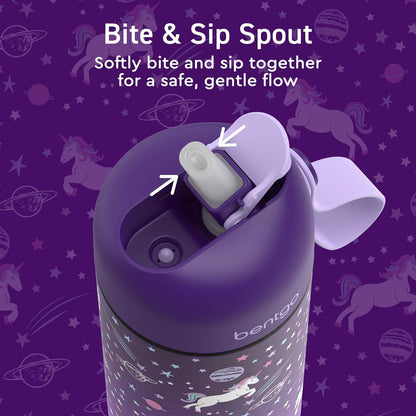 Bentgo Kids Water Bottle - Leak-Proof, Durable Tritan PFAS- & BPA-Free 15 fl oz, Kids/Toddlers Ages 3+ for School & Sports; Bite & Sip Spout, Carrying Handle, Dishwasher Safe (Unicorn)