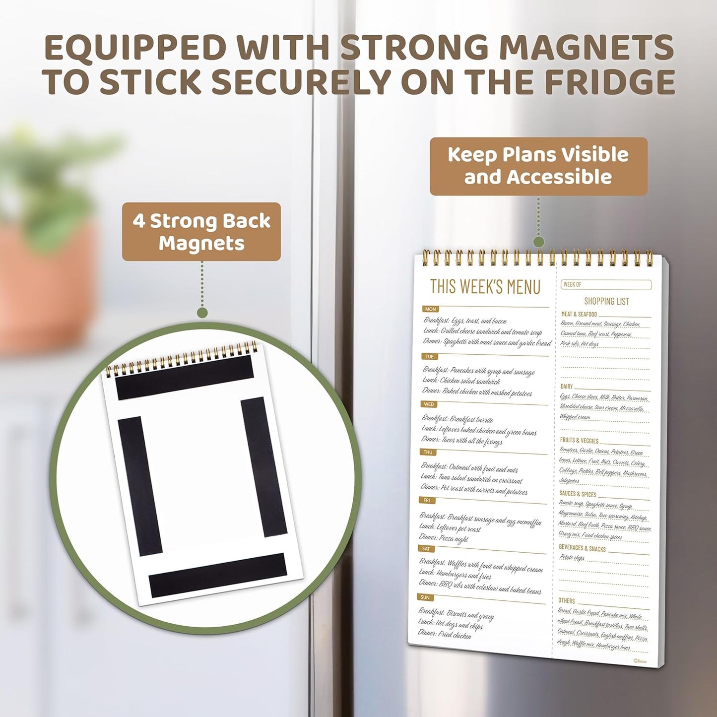 Decorably 52 Sheets Minimalist Undated Magnetic Weekly Meal Planner and Grocery List with 4 Strong Magnets, 7x10in Spring-Bound Refrigerator Mountable, Easy Tear-Off Design