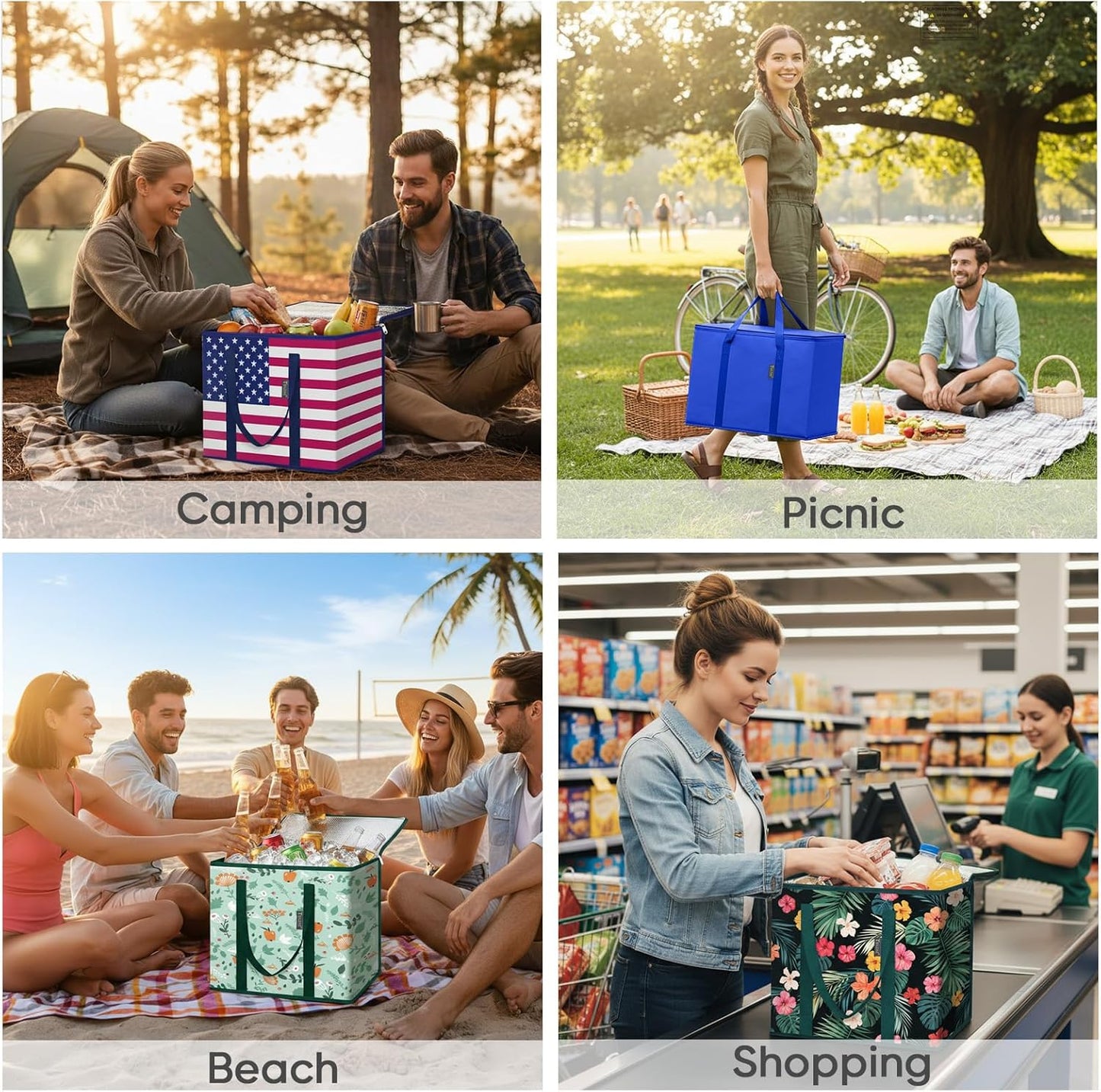 BALEINE 2Pk Insulated Reusable Grocery Bags, Collapsible Cooler Bag for Groceries, Heavy Duty Large Insulated Bag (16''x9''x13'', Antique Foliage)