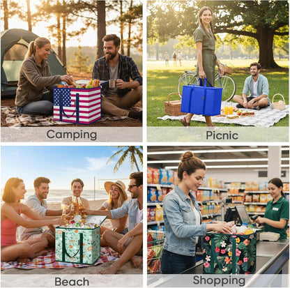 BALEINE 2Pk Insulated Reusable Grocery Bags, Collapsible Cooler Bag for Groceries, Heavy Duty Large Insulated Bag (16''x9''x13'', Antique Foliage)