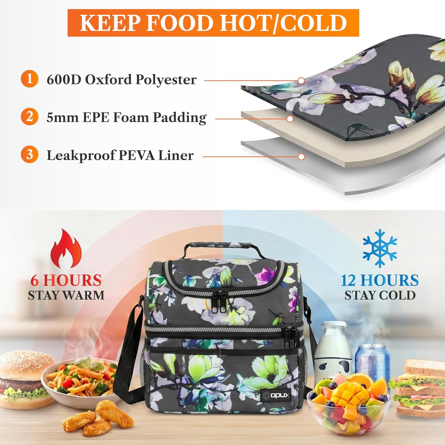 opux Insulated Lunch Bag for Men Women, Double Decker Leakproof Lunch Box Cooler Tote with Shoulder Strap, Large Lunchbox for Work School Travel Meal Prep, Adults Kids Boys Girls, Green, 16 Cans