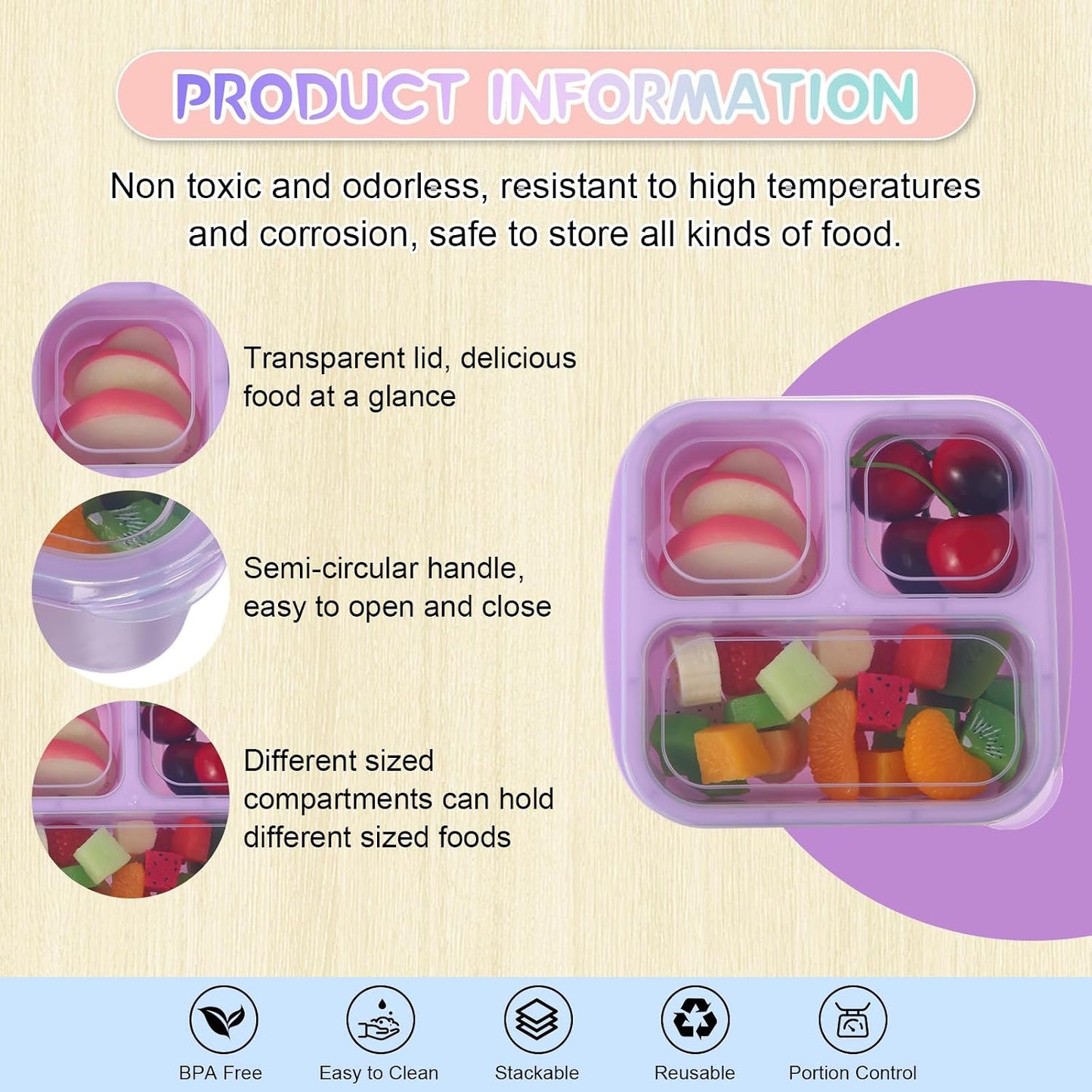 Honeydak 5 Pack Snack Containers 3 Compartment Bento Snack Boxes Divided Meal Prep Containers with Lids Reusable Adults Lunch Food Storage Box for School Work Travel(Elderberry)