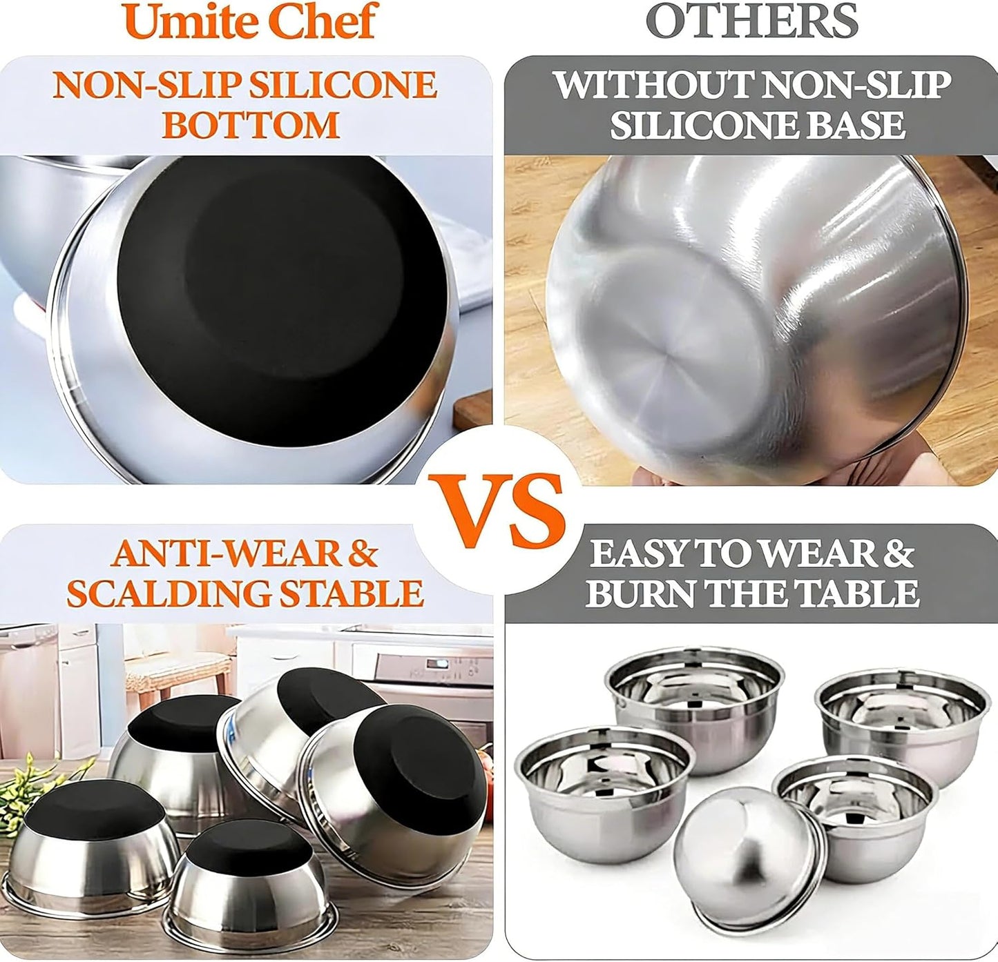Umite Chef Thickened Heavy-Duty 26pcs Stainless Steel Bowl, Mixing Bowl Set with Lid, Grater Attachment, Colorful Non-Slip Bottom and Kitchen Gadget Set, Sizes 7, 4, 2.5, 2.0, 1.5, 1QT