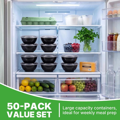 50 Pack (100-Piece) Meal Prep Containers with Lids, Reusable 2-Compartment Food Storage, Sturdy Leakproof, Food Safe, Microwave Freezer Dishwasher Safe, To-Go Takeout Plastic Containers – 60828