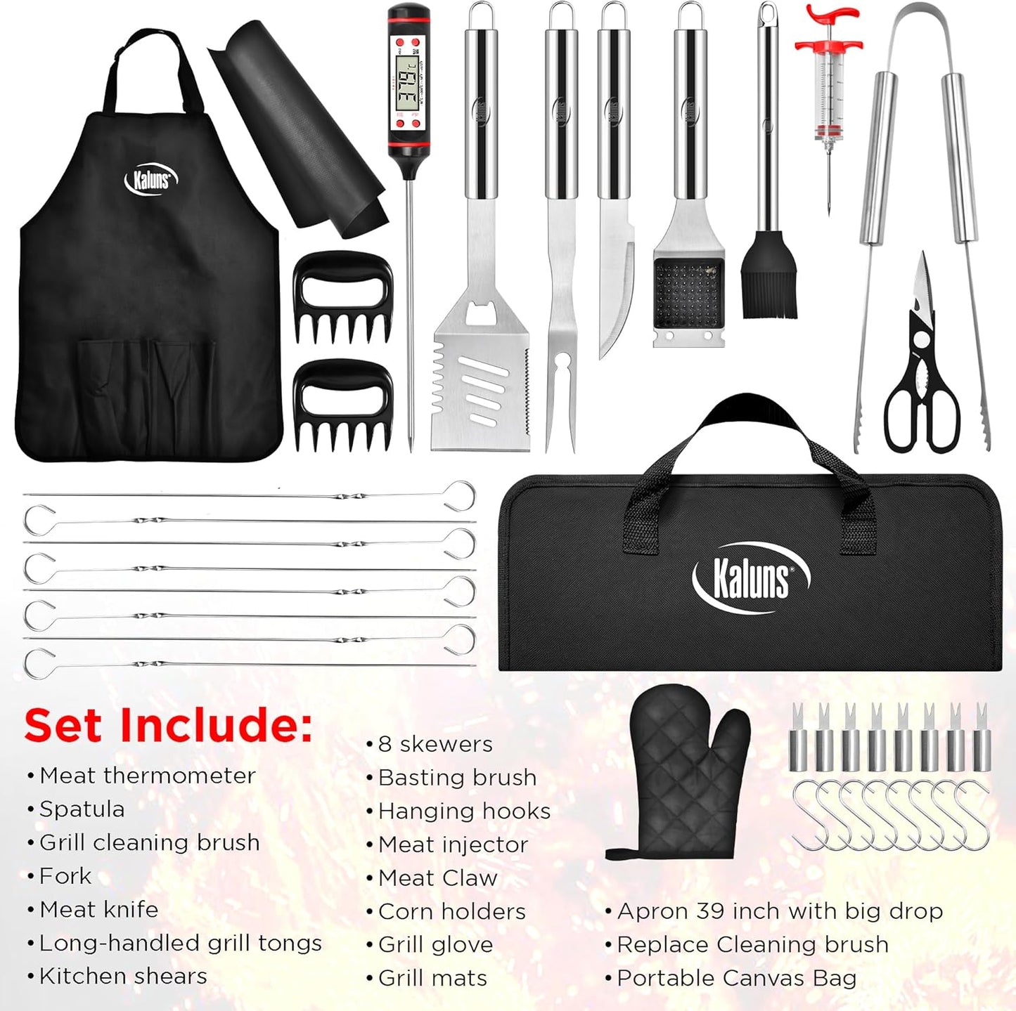 Kaluns Grilling Accessories, Dad Gifts for Fathers Day, Heavy Duty Stainless Steel Grill Set BBQ Grill Accessories for Outdoor Grill with Meat Thermometer, Case and Apron