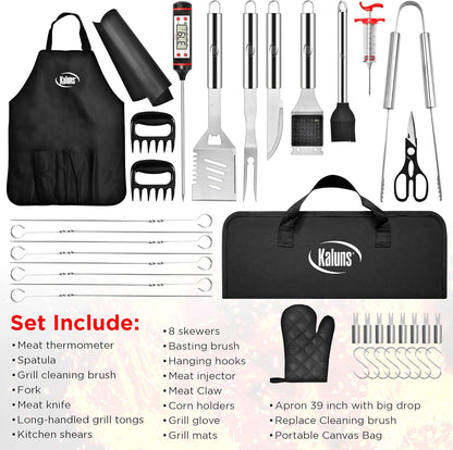 Kaluns Grilling Accessories, Dad Gifts for Fathers Day, Heavy Duty Stainless Steel Grill Set BBQ Grill Accessories for Outdoor Grill with Meat Thermometer, Case and Apron
