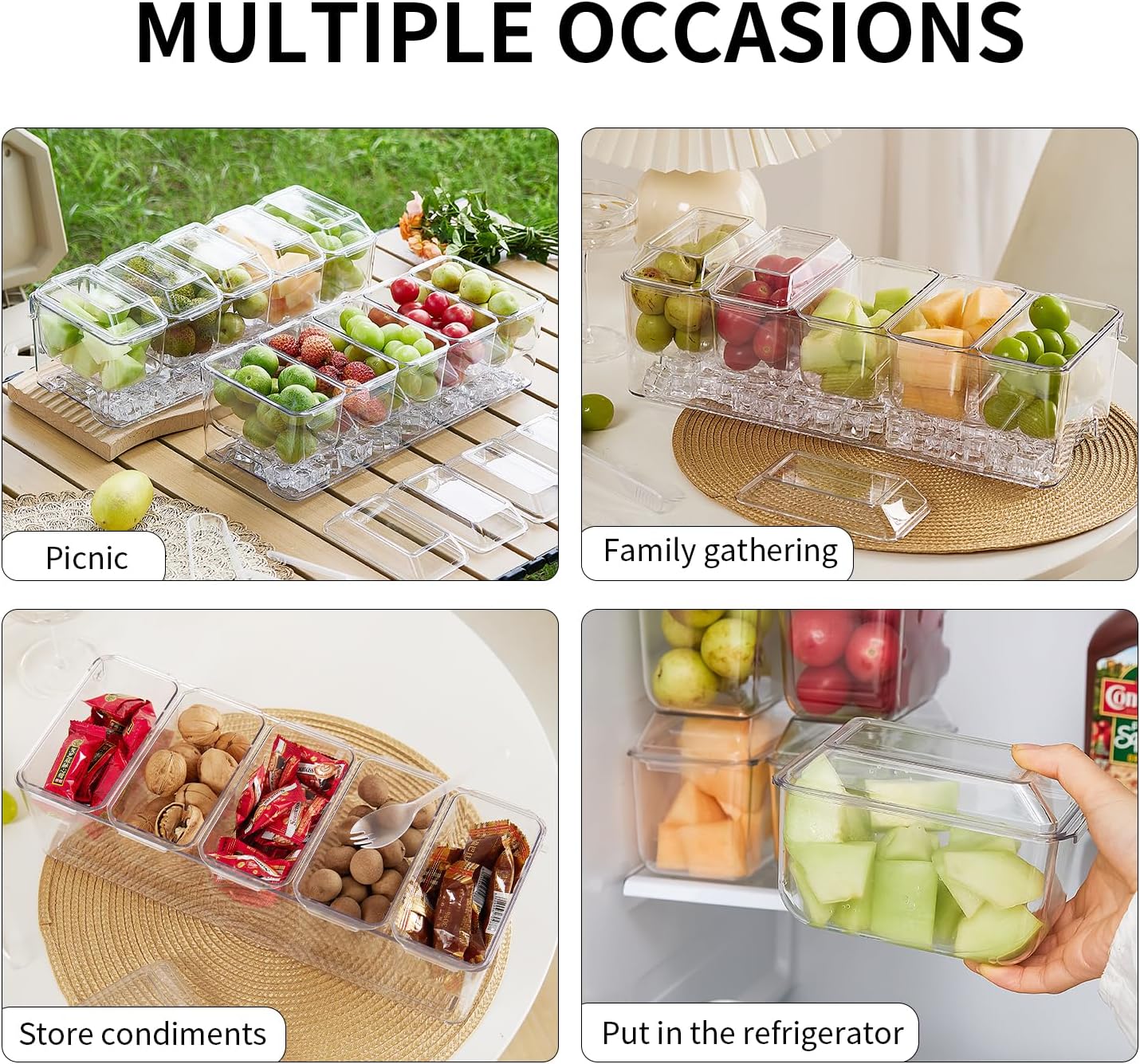 Chilled Condiment Server，Taco Bar Serving Set for Party，15.3" Condiment Serving Platters with 5 Separate Lids and Removable Compartments, Set of 5 Serving Spoons & 2 Clips (5 Containers, 1 pack)