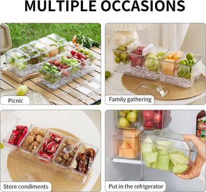 Chilled Condiment Server，Taco Bar Serving Set for Party，15.3" Condiment Serving Platters with 5 Separate Lids and Removable Compartments, Set of 5 Serving Spoons & 2 Clips (5 Containers, 1 pack)