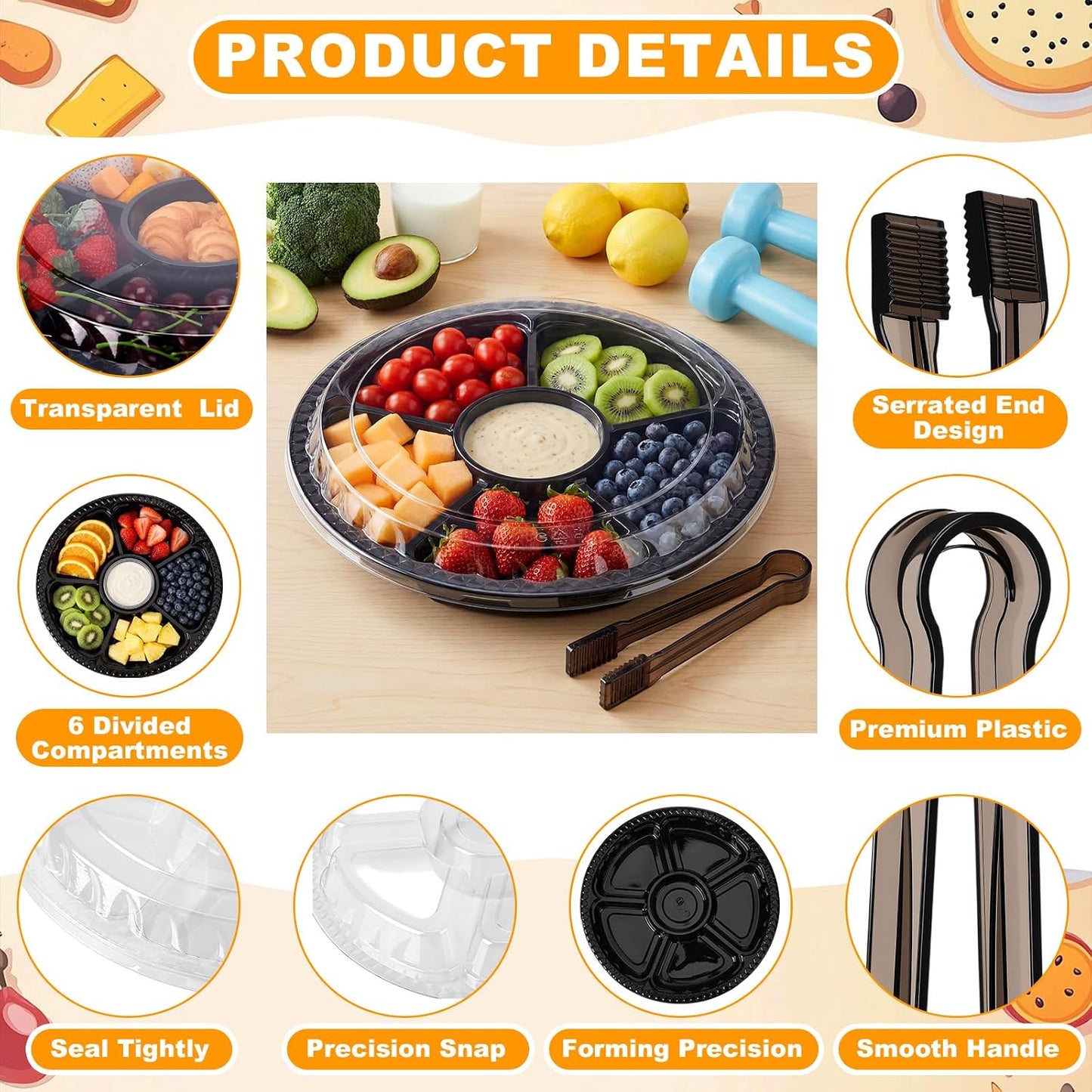Rtteri 24 Pack 12.4 Inch Plastic Appetizer Trays with Lids and 8 Pack 6.3'' Black Serving Tongs 6 Sectional Round Plastic Serving Tray Disposable Compartment Platter for Party Fruit Snack Veggie
